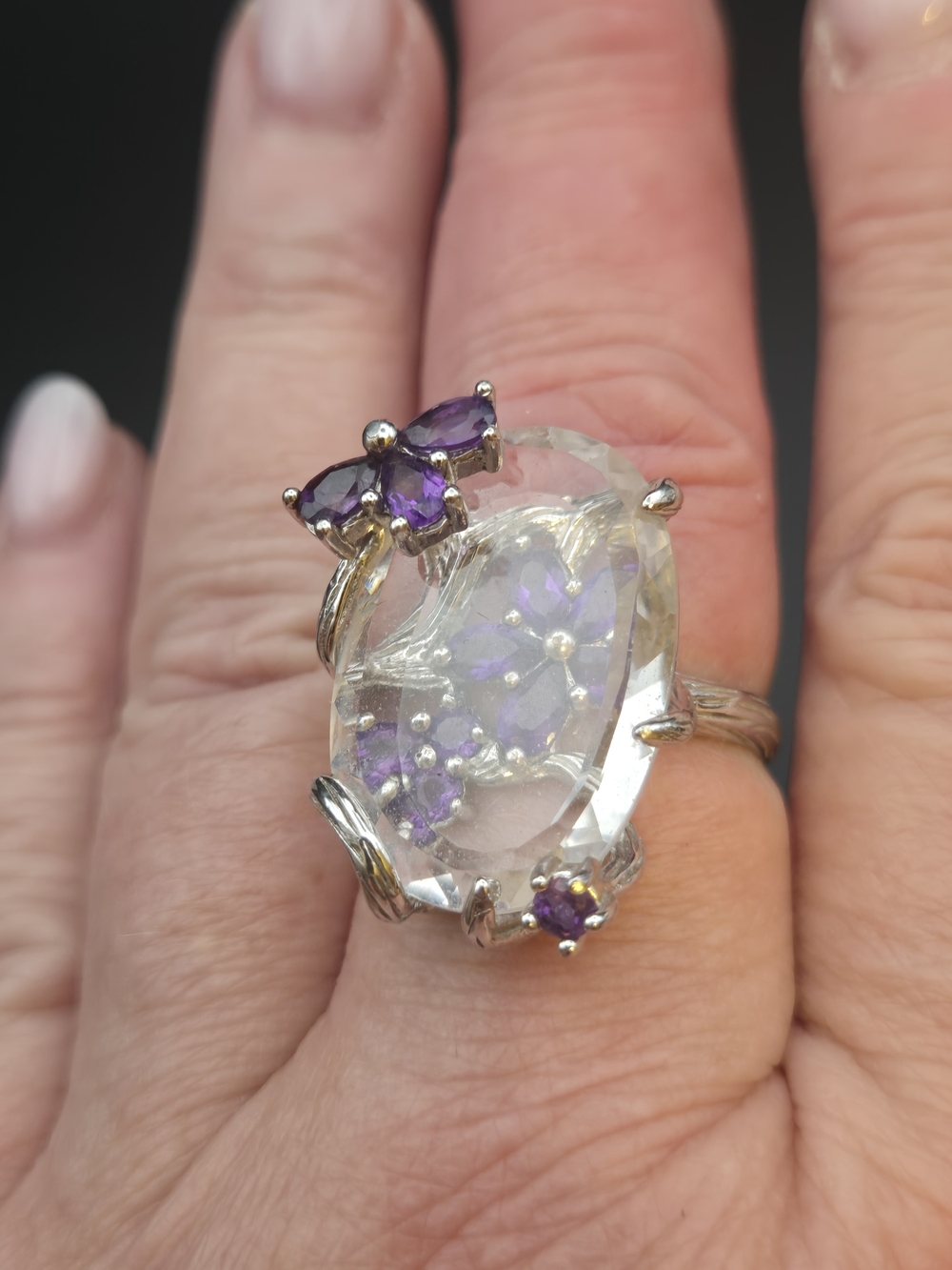 Sterling Silver Clear Stone Ring with Purple Amethyst Accents Size 10 Unique